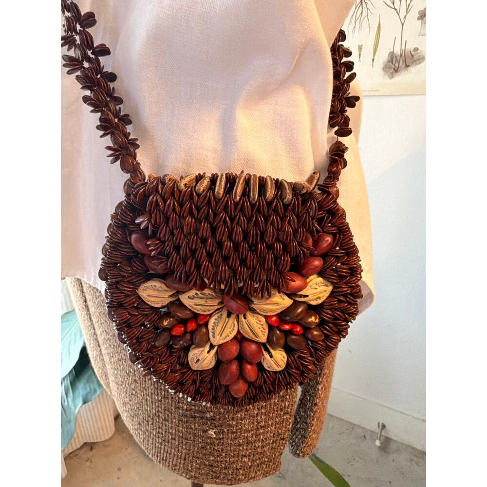 Vintage Seed Bead & Natural Pod Crossbody Bag Boho Festival Folk Art Purse